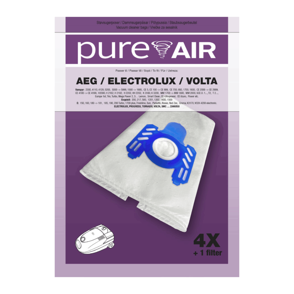 alt="AEG Electrolux og Volta støvsugeposer – Pure Air 4 poser + 1 filter"