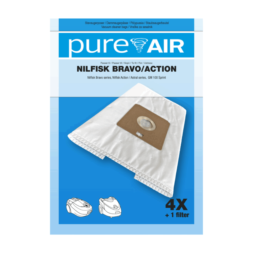 alt="Nilfisk Bravo Action støvsugeposer Pure Air 4 poser + 1 filter"